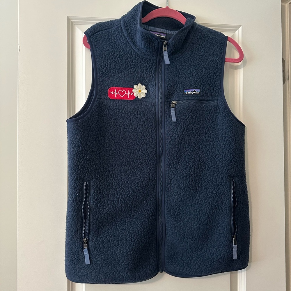 Patagonia Dark Blue Fleece Vest with Floral Patch